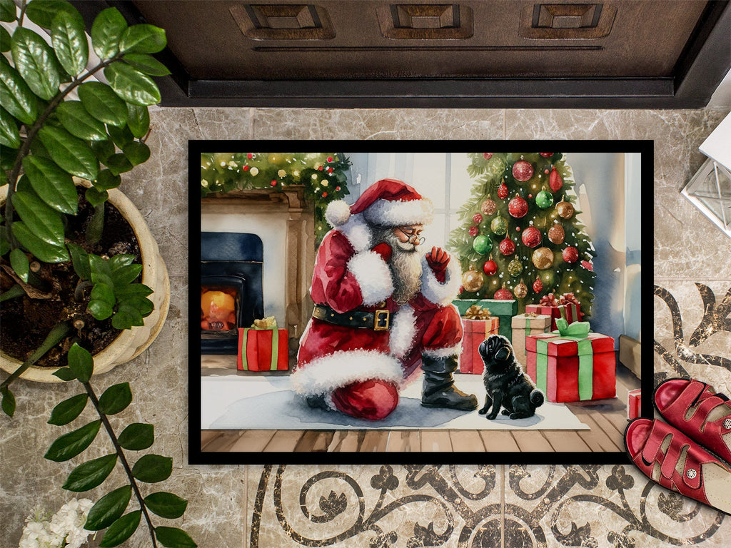Black Pug and Santa Claus Doormat Indoor Outdoor 24H X 36W Front Door Mat Rugs for Entryway, Non Slip Washable Low Pile,