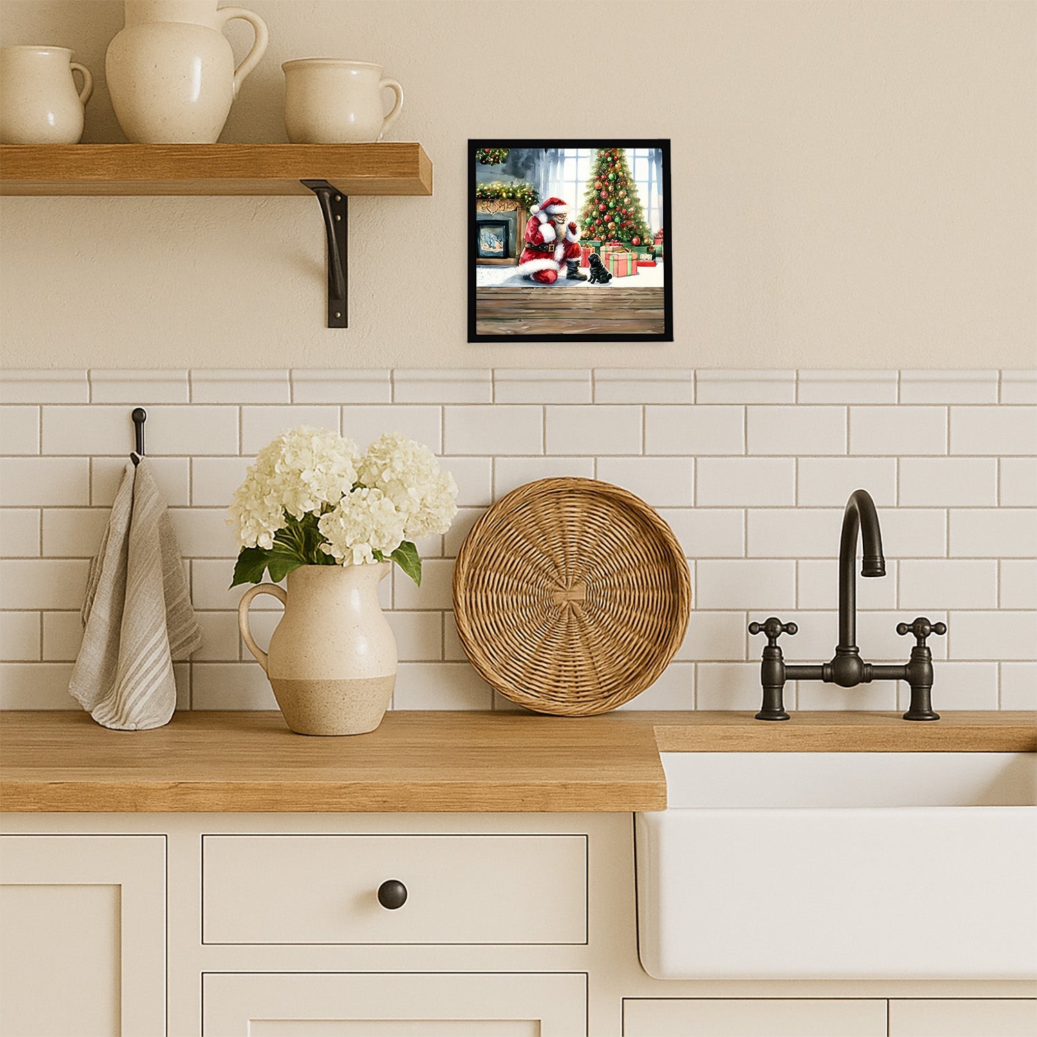 Black Pug and Santa Claus Framed Metal Print Bathroom, Kitchen, Office, Home Decor Wall Art Ready to Hang, Square, 8X8
