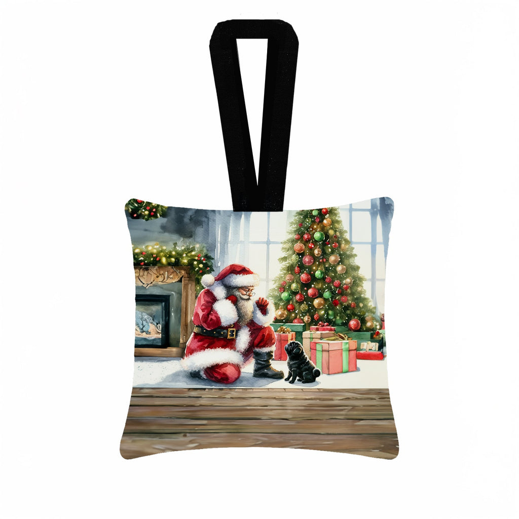 Black Pug and Santa Claus Hanging Square Fabric Ornament 3.5 × 3.5 Decorative Door-Knob & Tree Hanger, Soft Fabric