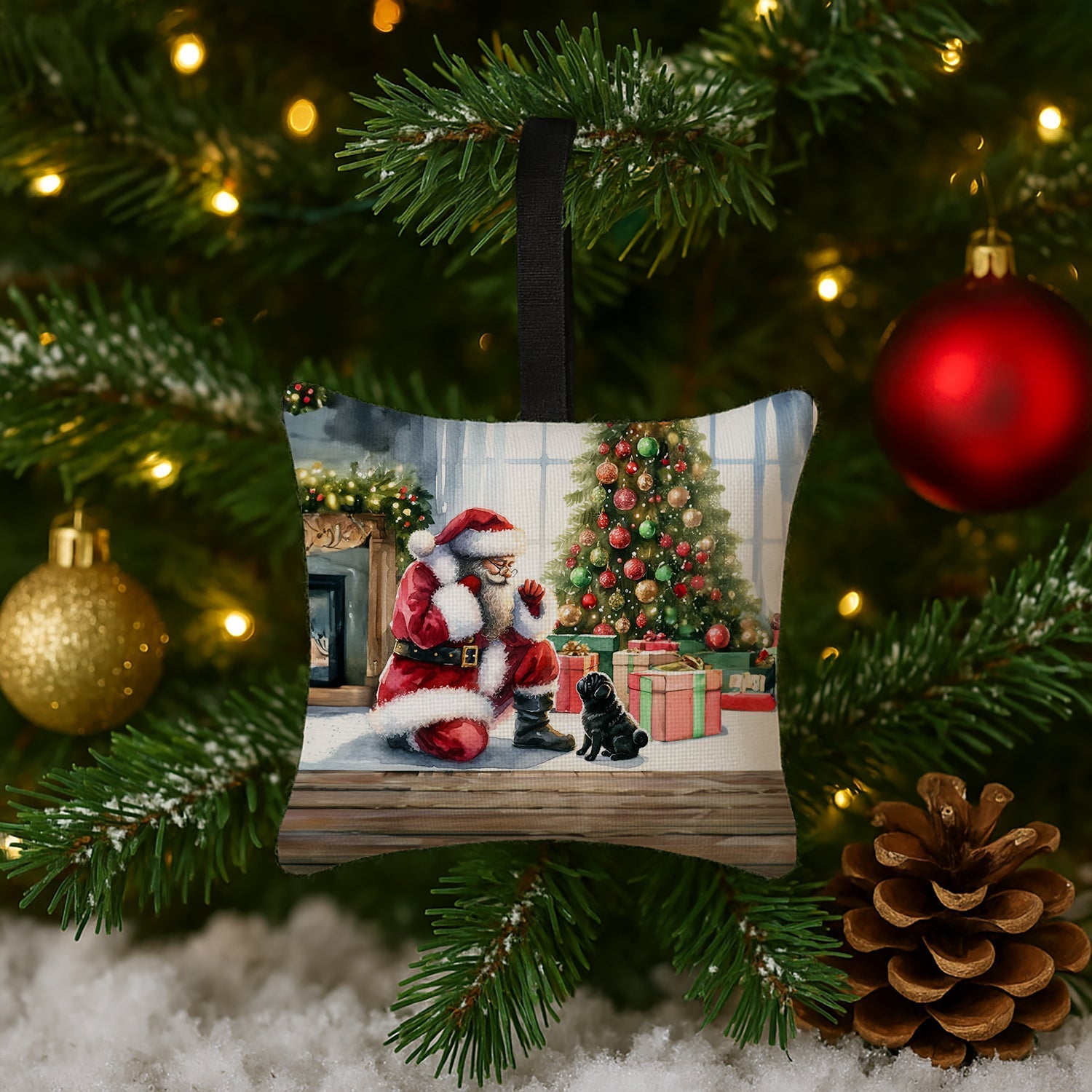 Black Pug and Santa Claus Hanging Square Fabric Ornament 3.5 × 3.5 Decorative Door-Knob & Tree Hanger, Soft Fabric