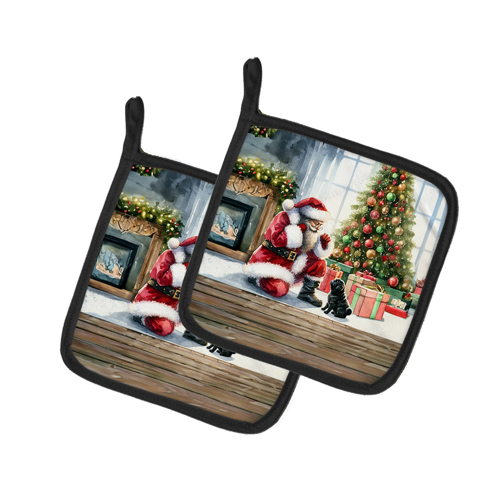 Black Pug and Santa Claus Pot Holder Set of 2 Heat Resistant Quilted Hot Pads 7.5 x 7.5 Inch, Insulated Kitchen Trivets for Cooking & Baking