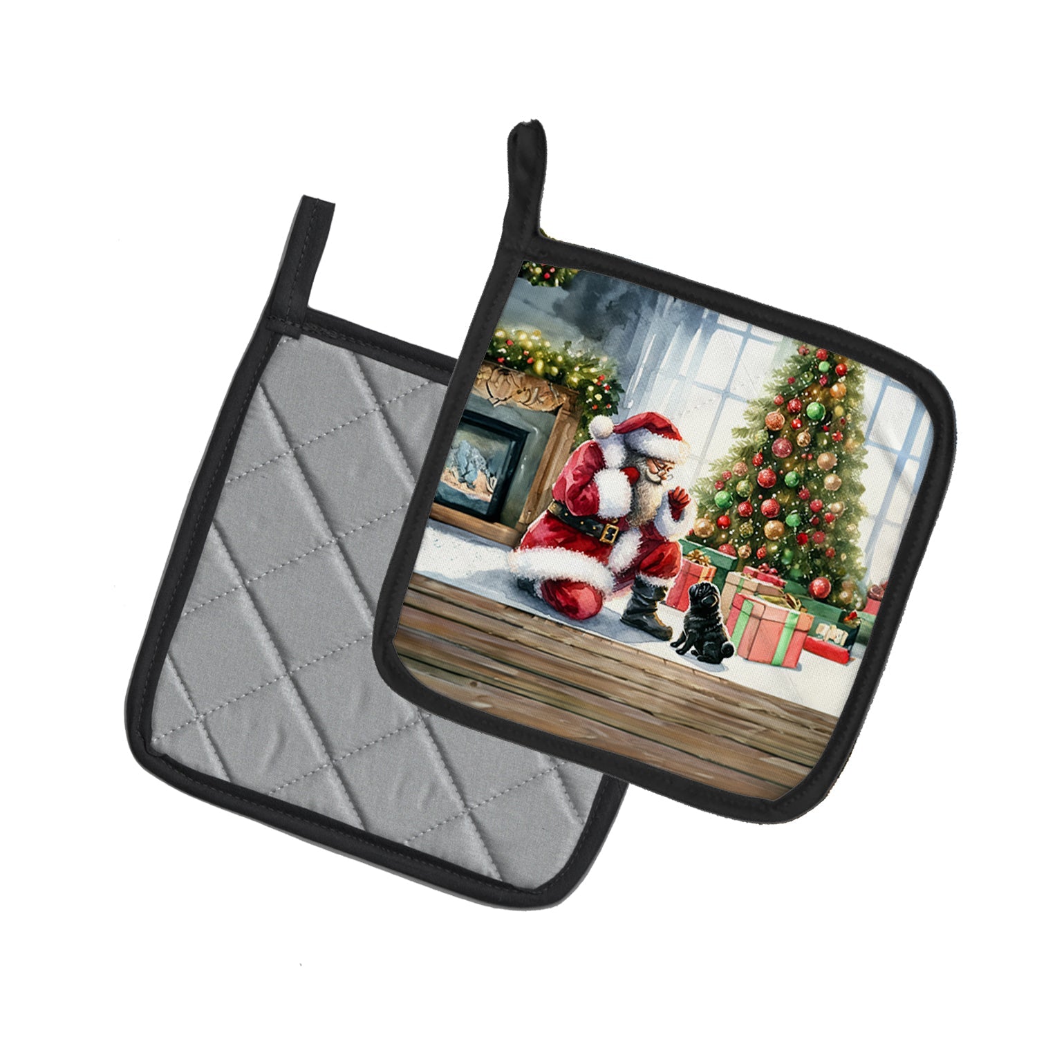 Black Pug and Santa Claus Pot Holder Set of 2 Heat Resistant Quilted Hot Pads 7.5 x 7.5 Inch, Insulated Kitchen Trivets for Cooking & Baking