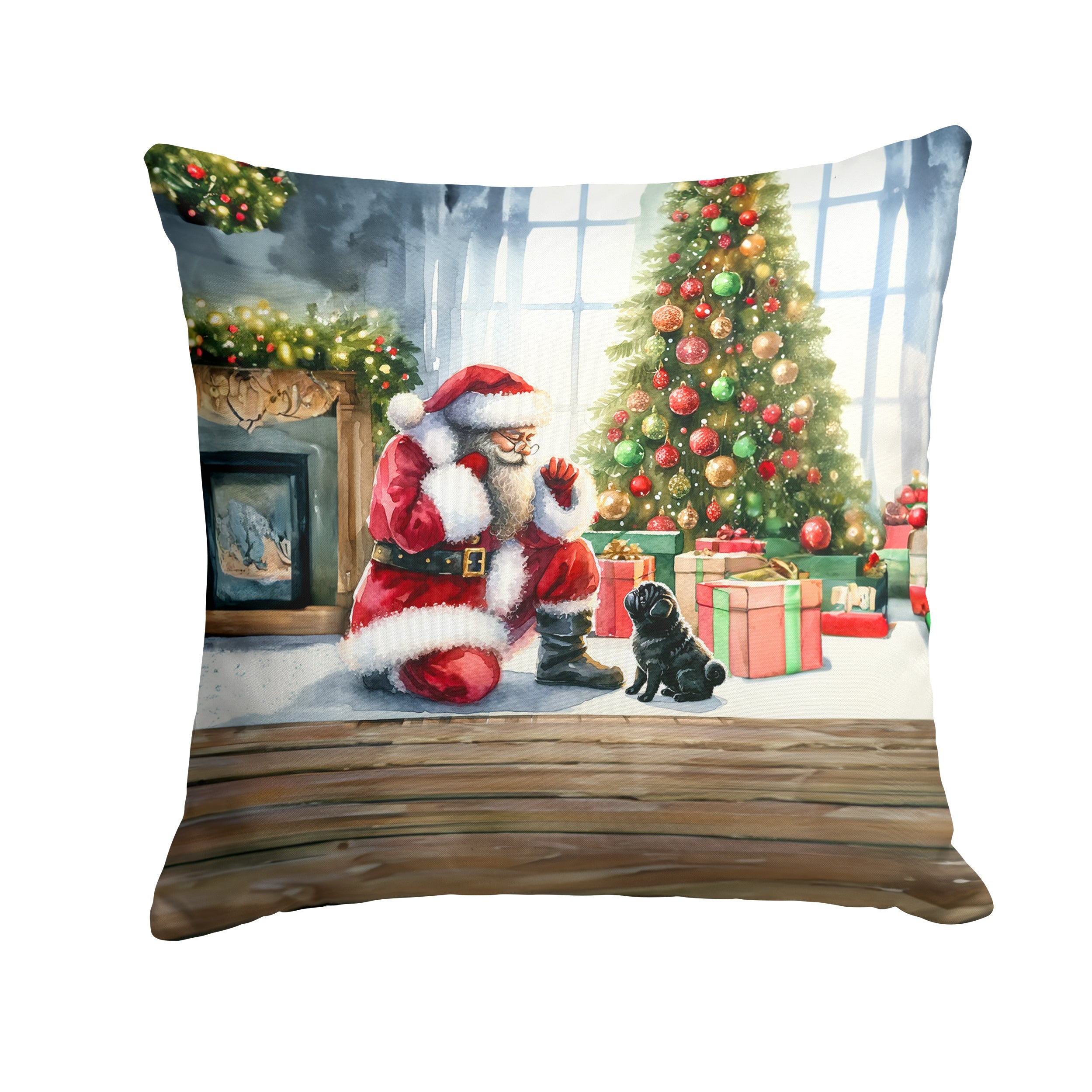 Black Pug and Santa Claus Decorative Throw Pillow 14x14 Indoor Outdoor Accent Cushion, Fabric Cover with Insert for Sofa, Bed, Porch & Living Room
