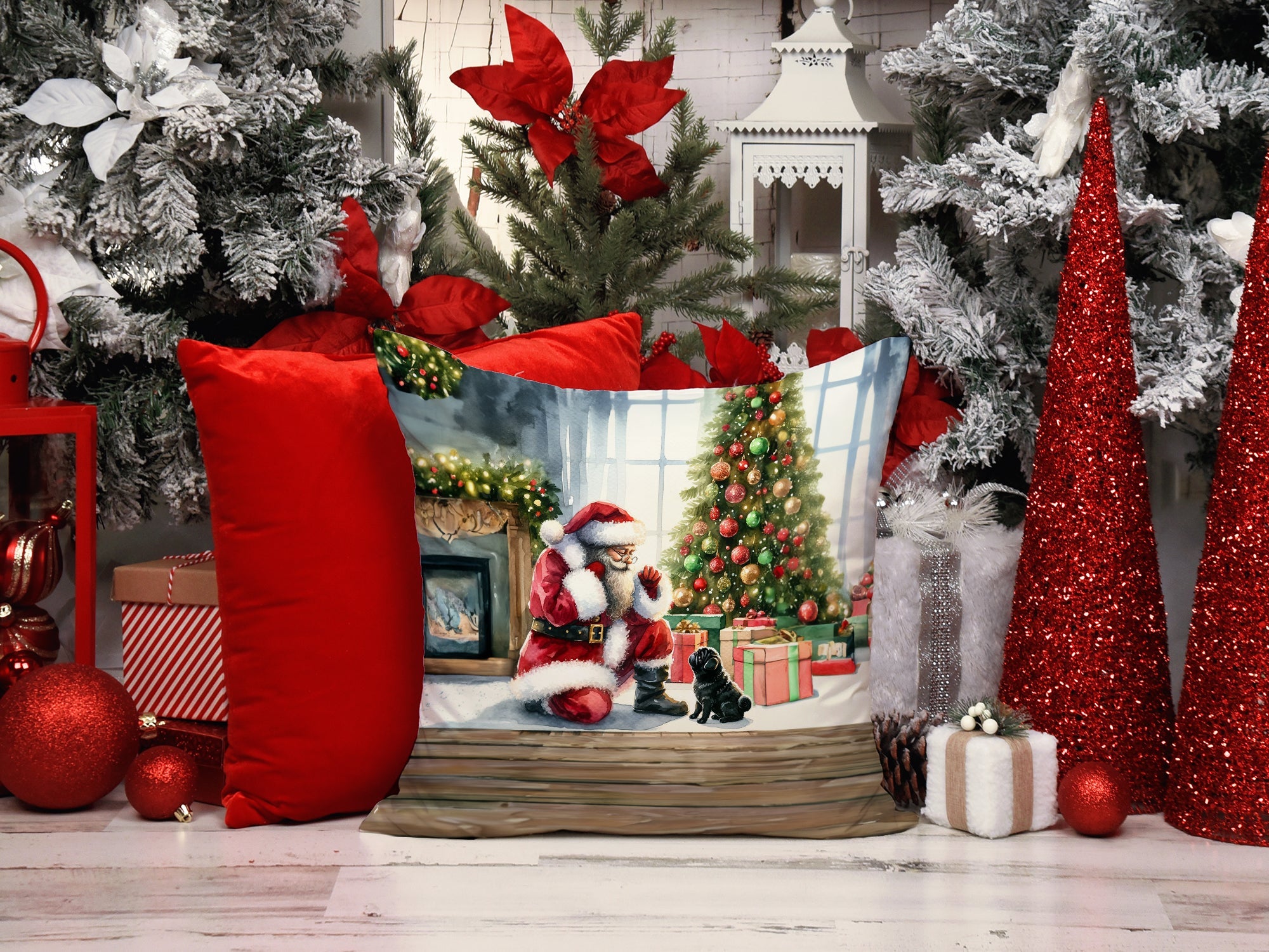 Black Pug and Santa Claus Decorative Throw Pillow 14x14 Indoor Outdoor Accent Cushion, Fabric Cover with Insert for Sofa, Bed, Porch & Living Room