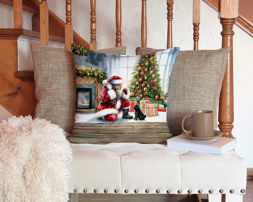 Black Pug and Santa Claus Decorative Throw Pillow 14x14 Indoor Outdoor Accent Cushion, Fabric Cover with Insert for Sofa, Bed, Porch & Living Room