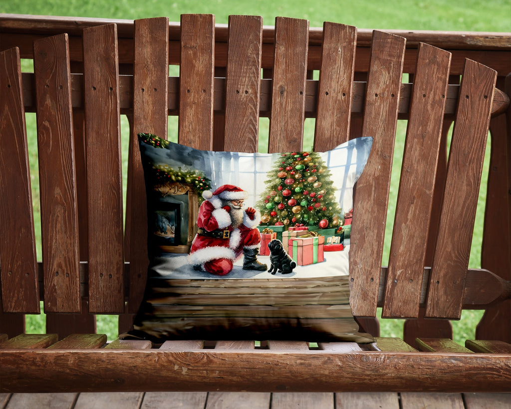 Black Pug and Santa Claus Decorative Throw Pillow 14x14 Indoor Outdoor Accent Cushion, Fabric Cover with Insert for Sofa, Bed, Porch & Living Room