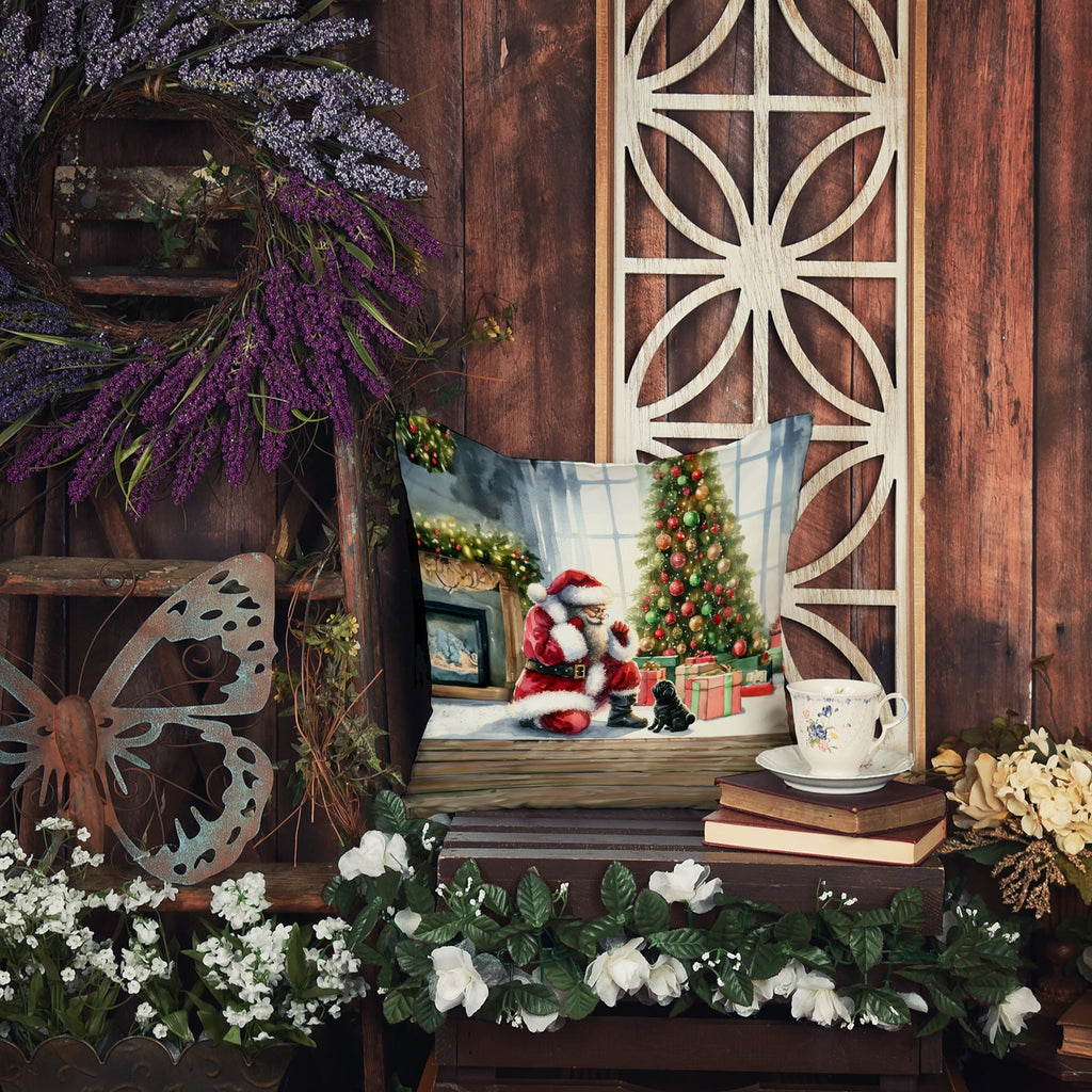 Black Pug and Santa Claus Decorative Throw Pillow 14x14 Indoor Outdoor Accent Cushion, Fabric Cover with Insert for Sofa, Bed, Porch & Living Room