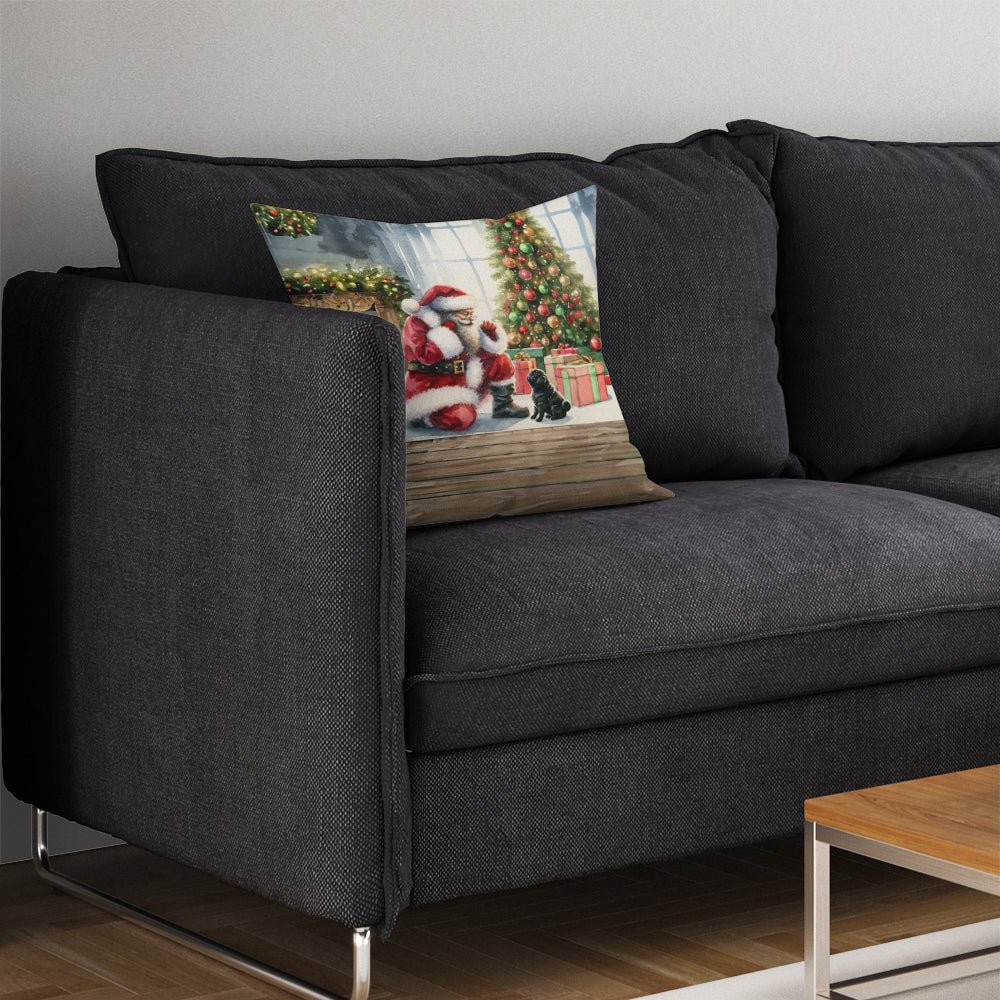 Black Pug and Santa Claus Decorative Throw Pillow 14x14 Indoor Outdoor Accent Cushion, Fabric Cover with Insert for Sofa, Bed, Porch & Living Room