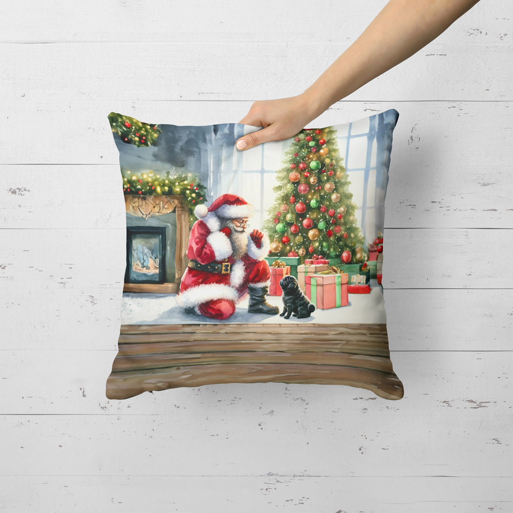 Black Pug and Santa Claus Decorative Throw Pillow 18x18 Indoor Outdoor Accent Cushion, Fabric Cover with Insert for Sofa, Bed, Porch & Living Room