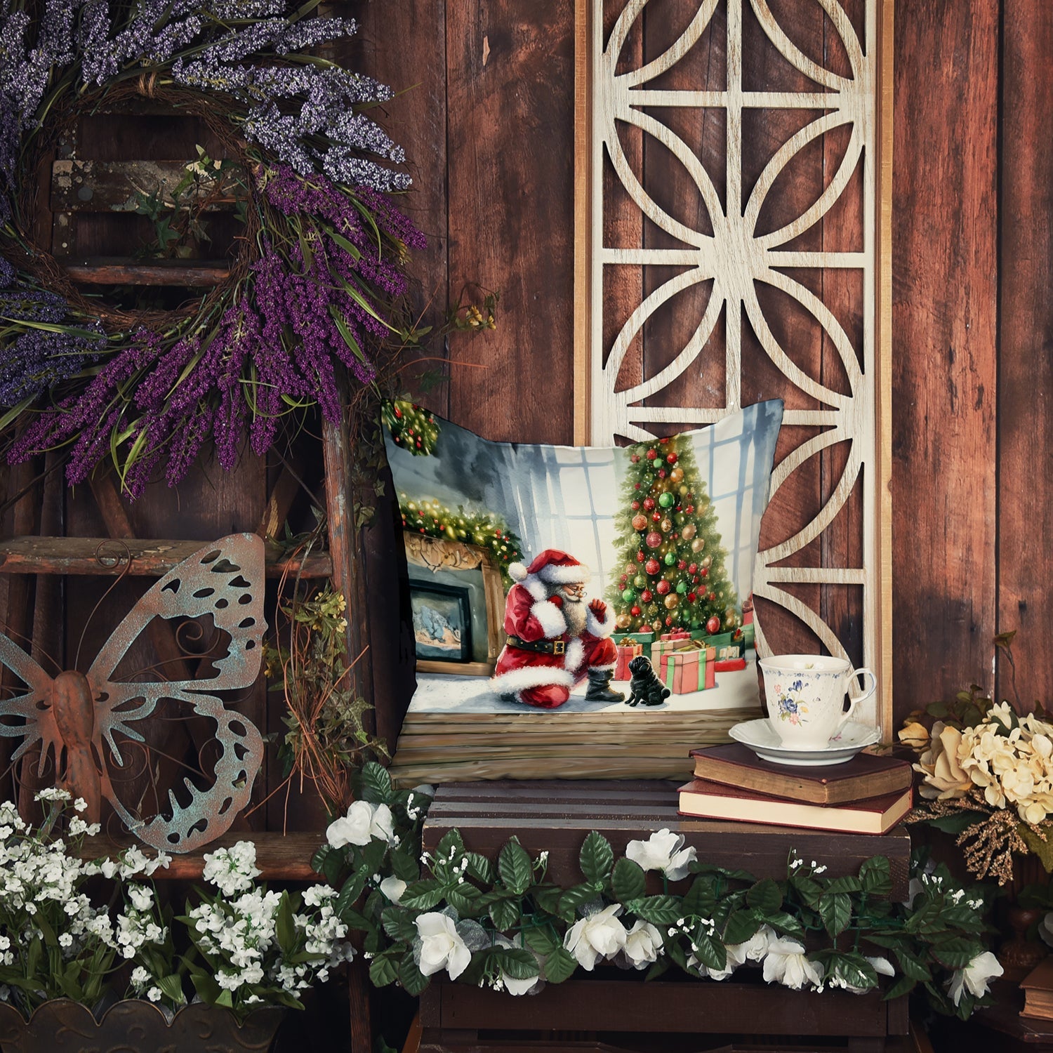Black Pug and Santa Claus Decorative Throw Pillow 18x18 Indoor Outdoor Accent Cushion, Fabric Cover with Insert for Sofa, Bed, Porch & Living Room