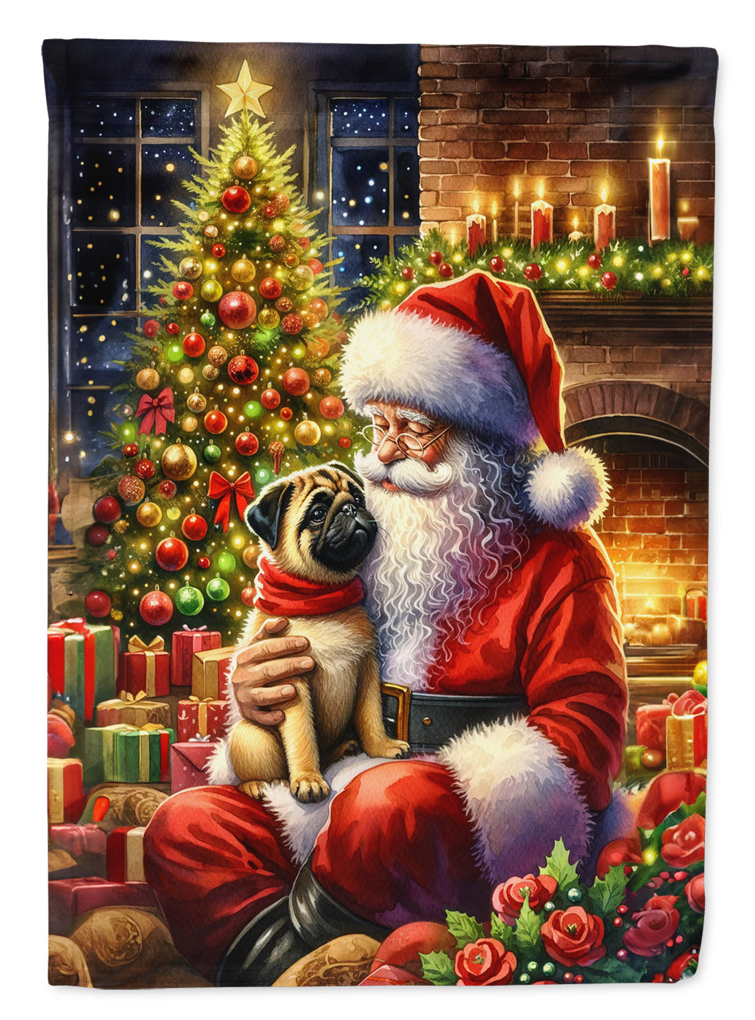 Fawn Pug and Santa Claus House Flag 28x40 Porch Sleeve Pole Decorative Outside Yard Banner Artwork Wall Hanging, Polyester