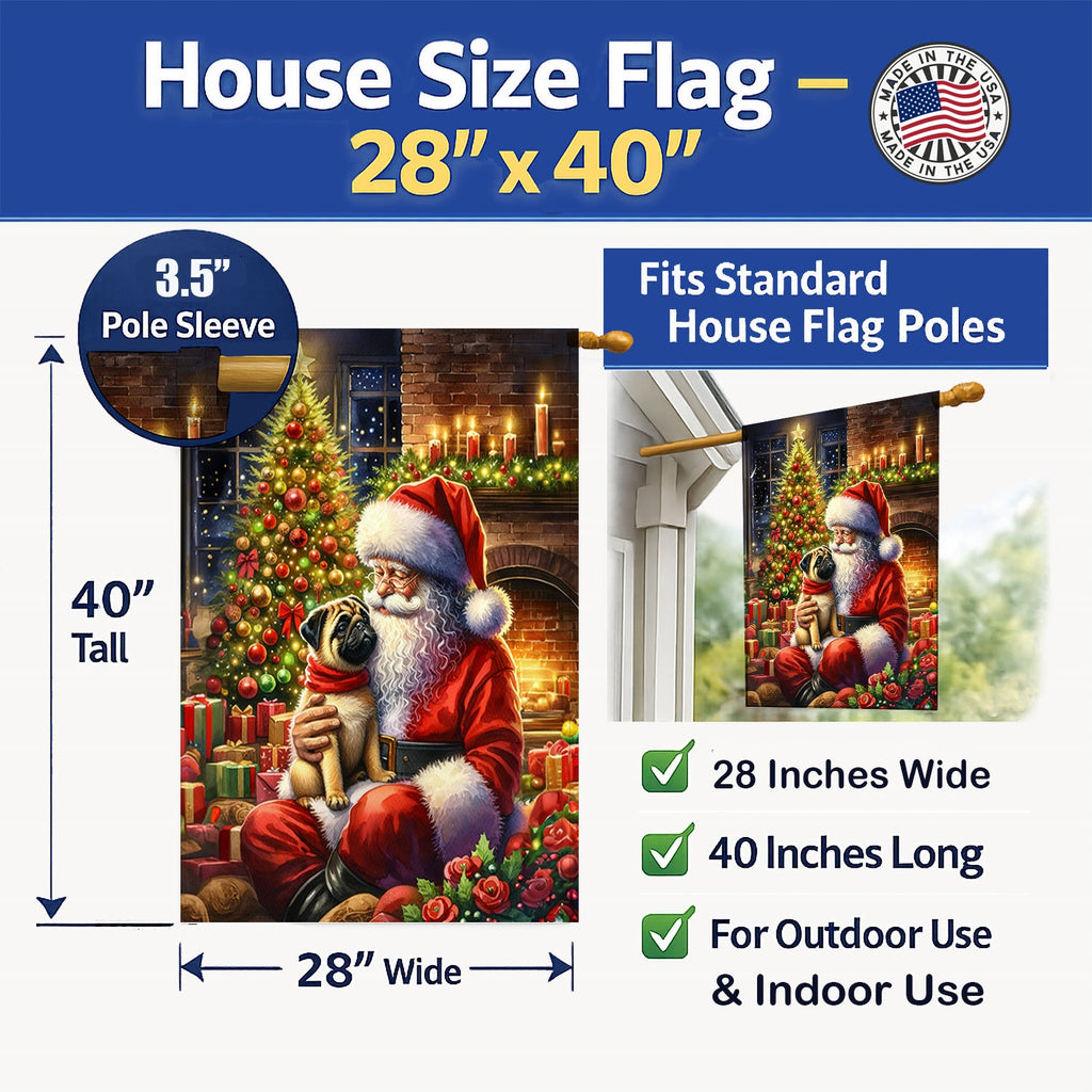 Fawn Pug and Santa Claus House Flag 28x40 Porch Sleeve Pole Decorative Outside Yard Banner Artwork Wall Hanging, Polyester