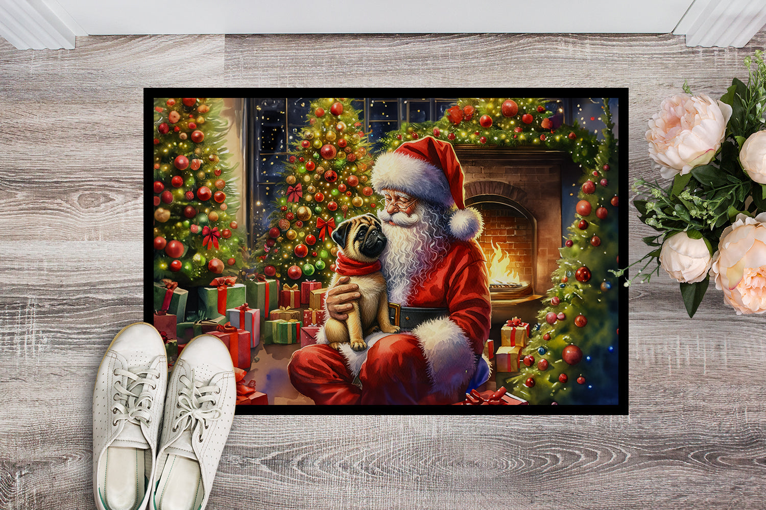 Fawn Pug and Santa Claus Doormat Indoor Outdoor 24H X 36W Front Door Mat Rugs for Entryway, Non Slip Washable Low Pile,
