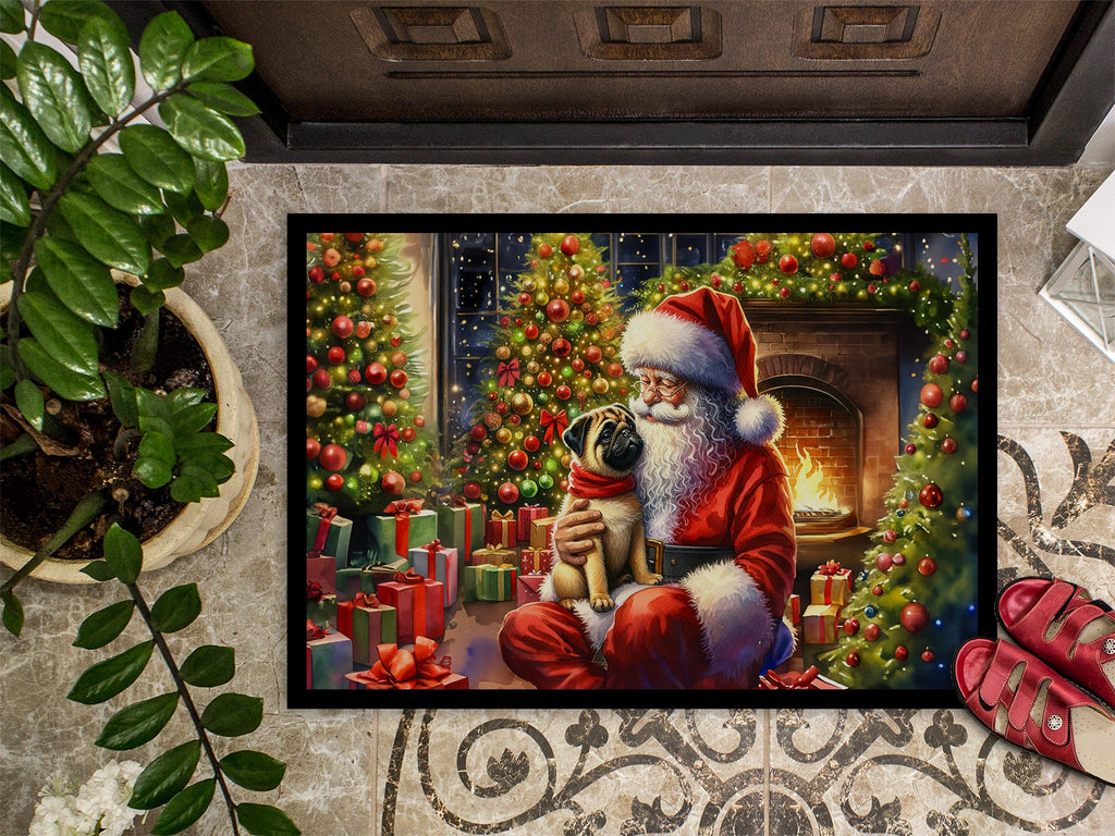 Fawn Pug and Santa Claus Doormat Indoor Outdoor 24H X 36W Front Door Mat Rugs for Entryway, Non Slip Washable Low Pile,