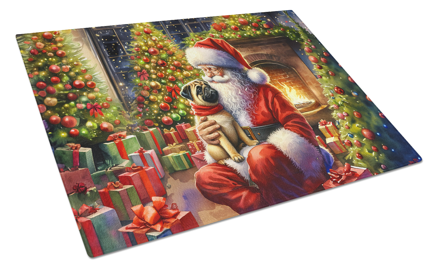 Fawn Pug and Santa Claus Cutting Board Tempered Glass Kitchen Cutting Surface, Heat Resistant Chopping, Non-Slip Feet, Food Prep & Serving