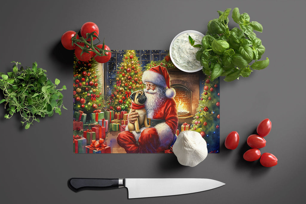 Fawn Pug and Santa Claus Cutting Board Tempered Glass Kitchen Cutting Surface, Heat Resistant Chopping, Non-Slip Feet, Food Prep & Serving
