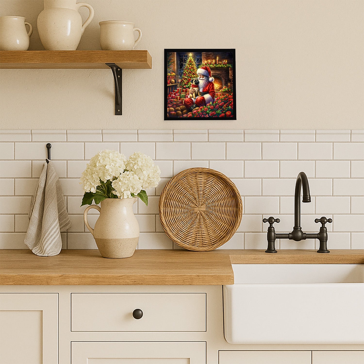 Fawn Pug and Santa Claus Framed Metal Print Bathroom, Kitchen, Office, Home Decor Wall Art Ready to Hang, Square, 8X8