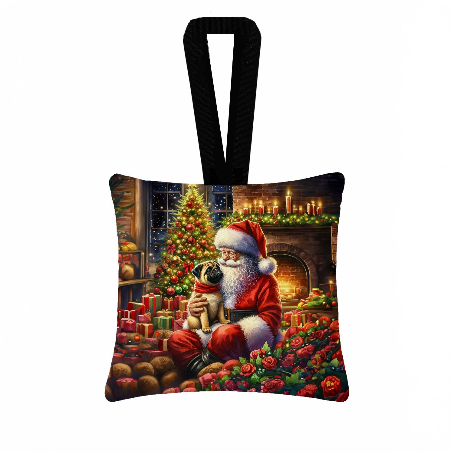 Fawn Pug and Santa Claus Hanging Square Fabric Ornament 3.5 × 3.5 Decorative Door-Knob & Tree Hanger, Soft Fabric