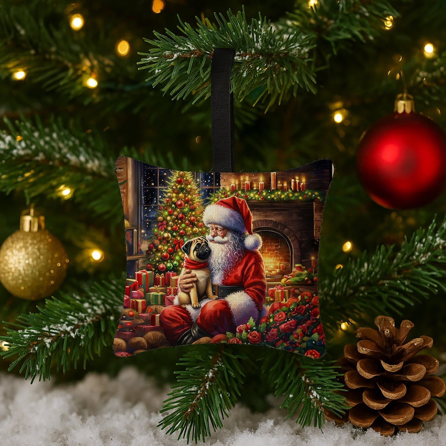 Fawn Pug and Santa Claus Hanging Square Fabric Ornament 3.5 × 3.5 Decorative Door-Knob & Tree Hanger, Soft Fabric