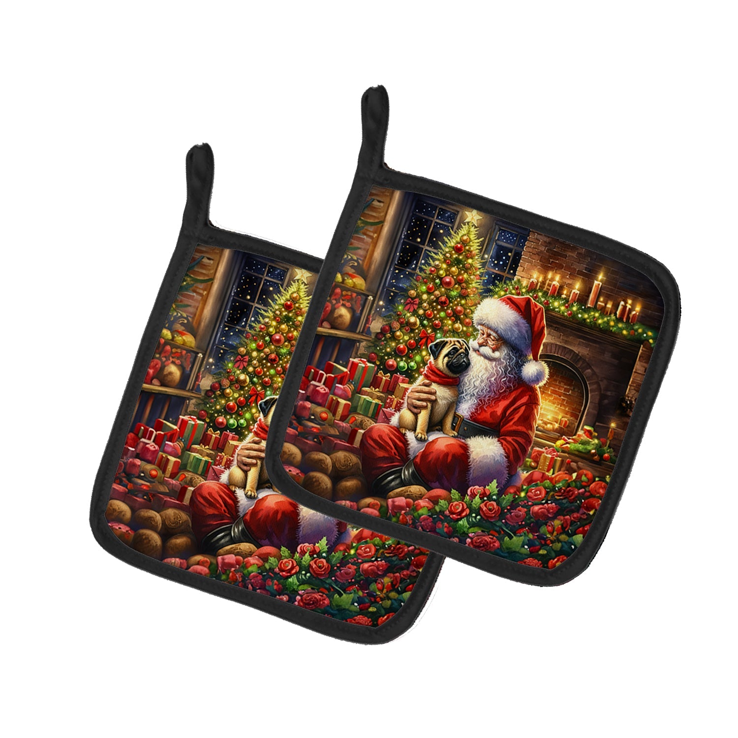 Fawn Pug and Santa Claus Pot Holder Set of 2 Heat Resistant Quilted Hot Pads 7.5 x 7.5 Inch, Insulated Kitchen Trivets for Cooking & Baking