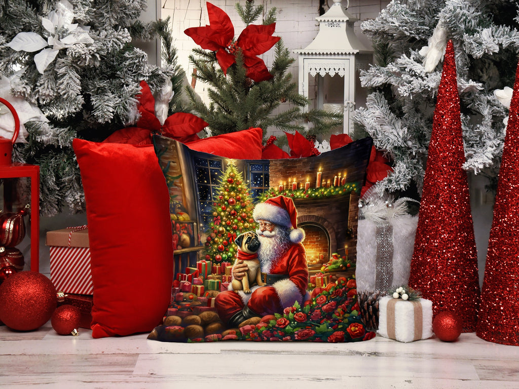 Fawn Pug and Santa Claus Decorative Throw Pillow 14x14 Indoor Outdoor Accent Cushion, Fabric Cover with Insert for Sofa, Bed, Porch & Living Room