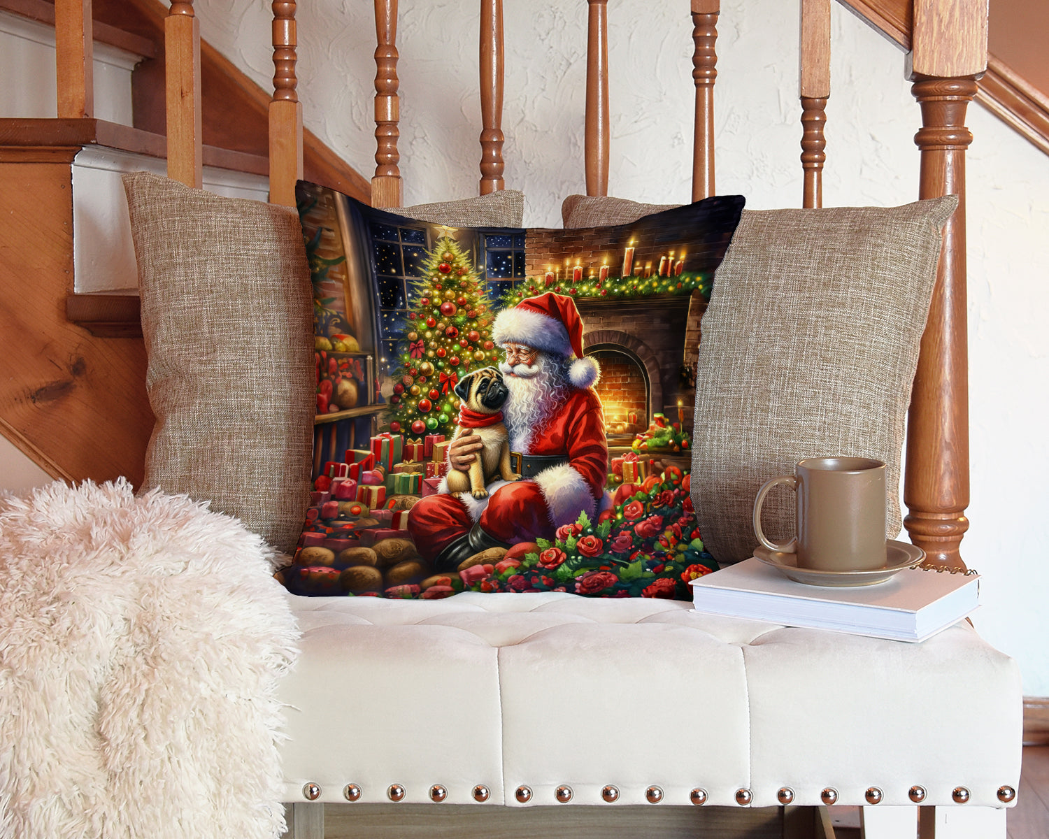 Fawn Pug and Santa Claus Decorative Throw Pillow 14x14 Indoor Outdoor Accent Cushion, Fabric Cover with Insert for Sofa, Bed, Porch & Living Room