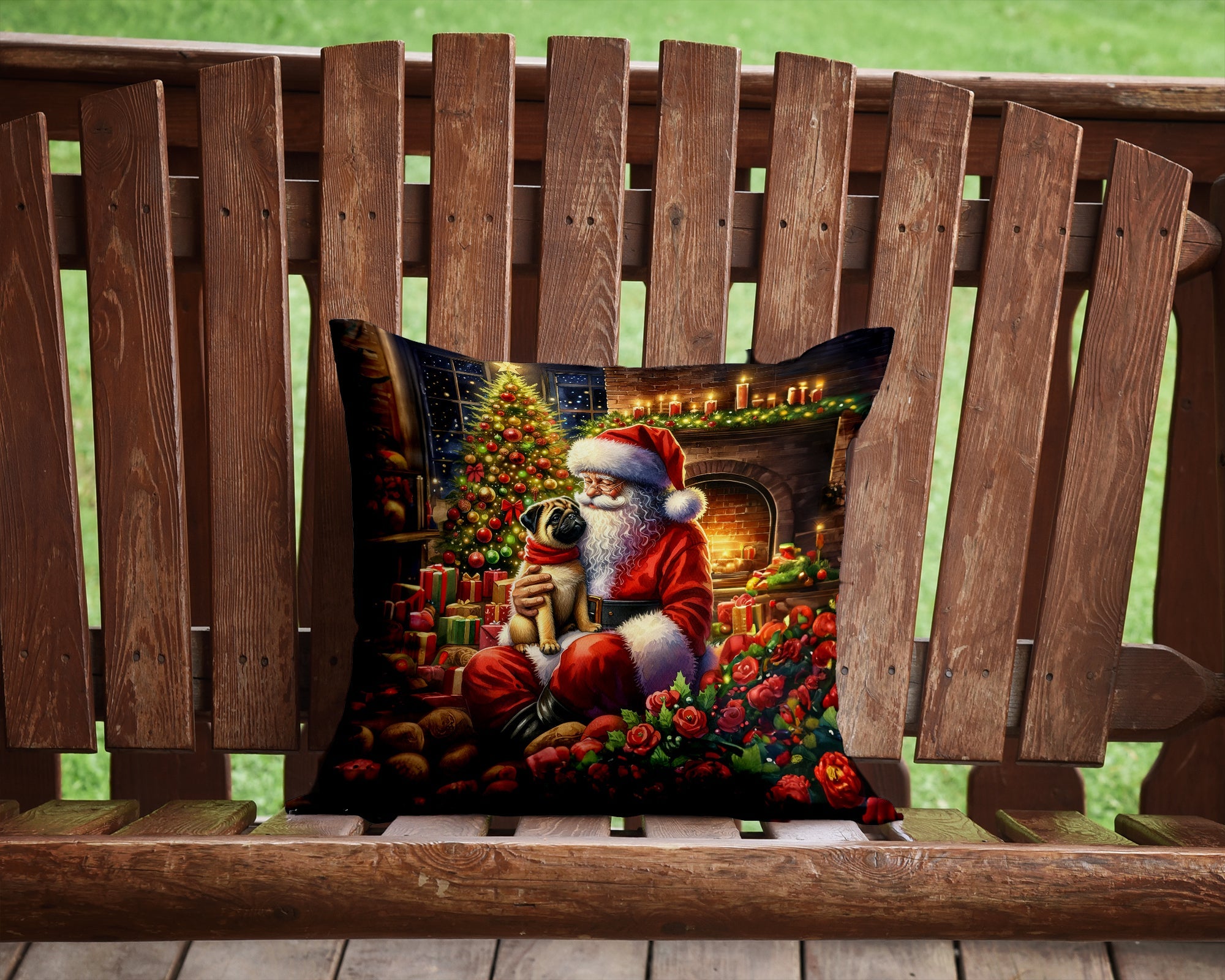 Fawn Pug and Santa Claus Decorative Throw Pillow 14x14 Indoor Outdoor Accent Cushion, Fabric Cover with Insert for Sofa, Bed, Porch & Living Room