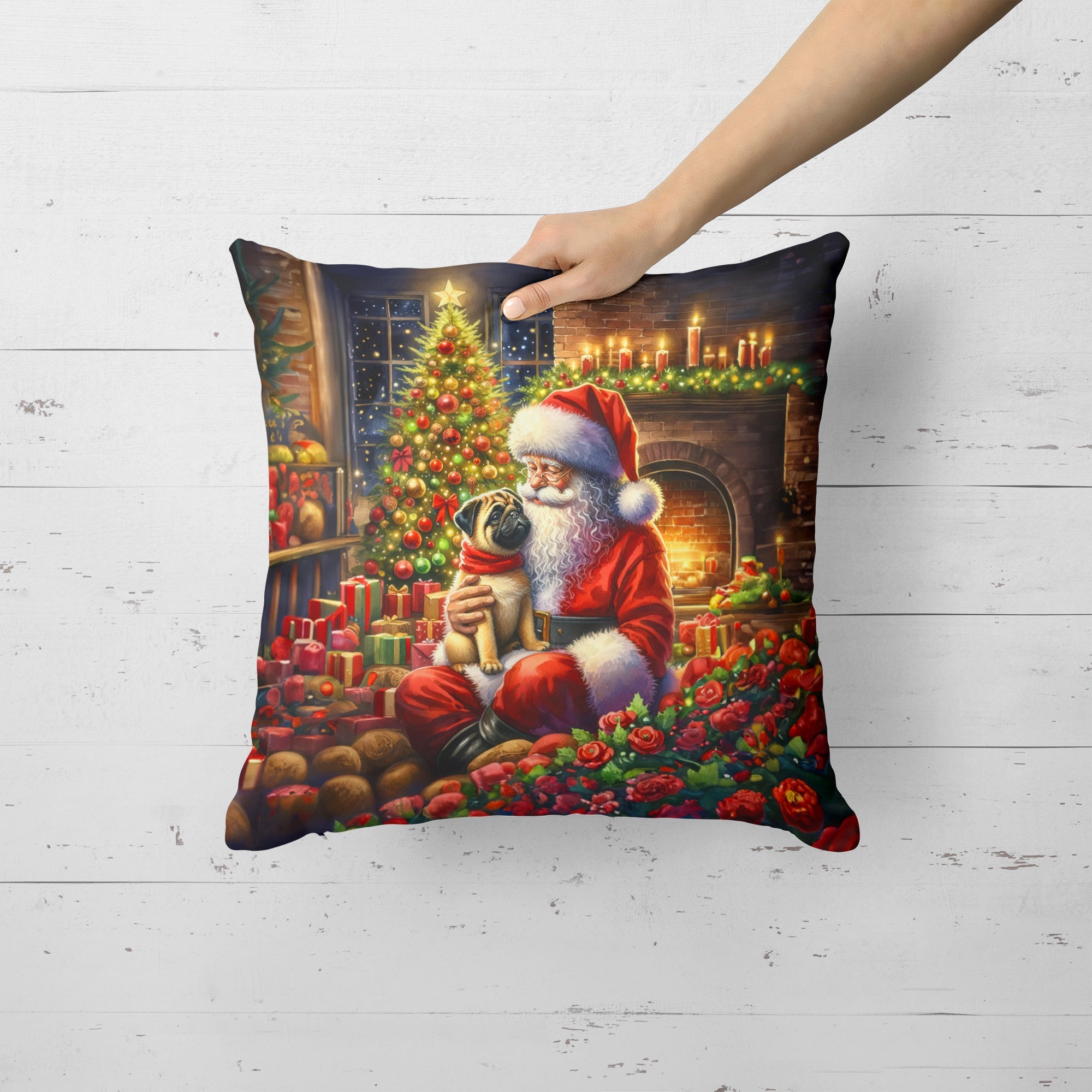 Fawn Pug and Santa Claus Decorative Throw Pillow 18x18 Indoor Outdoor Accent Cushion, Fabric Cover with Insert for Sofa, Bed, Porch & Living Room