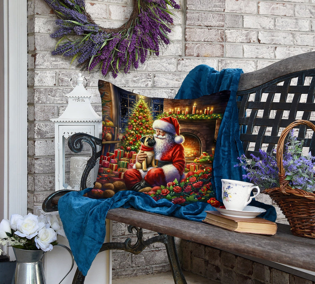 Fawn Pug and Santa Claus Decorative Throw Pillow 18x18 Indoor Outdoor Accent Cushion, Fabric Cover with Insert for Sofa, Bed, Porch & Living Room
