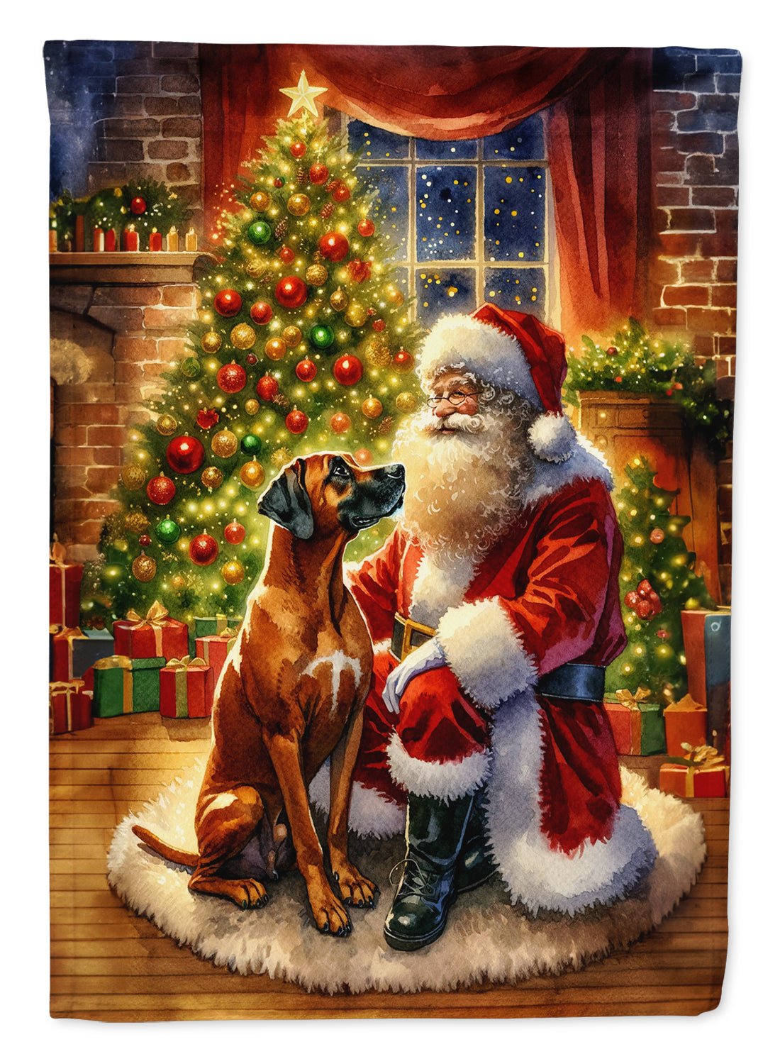 Rhodesian Ridgeback and Santa Claus House Flag 28x40 Porch Sleeve Pole Decorative Outside Yard Banner Artwork Wall Hanging, Polyester