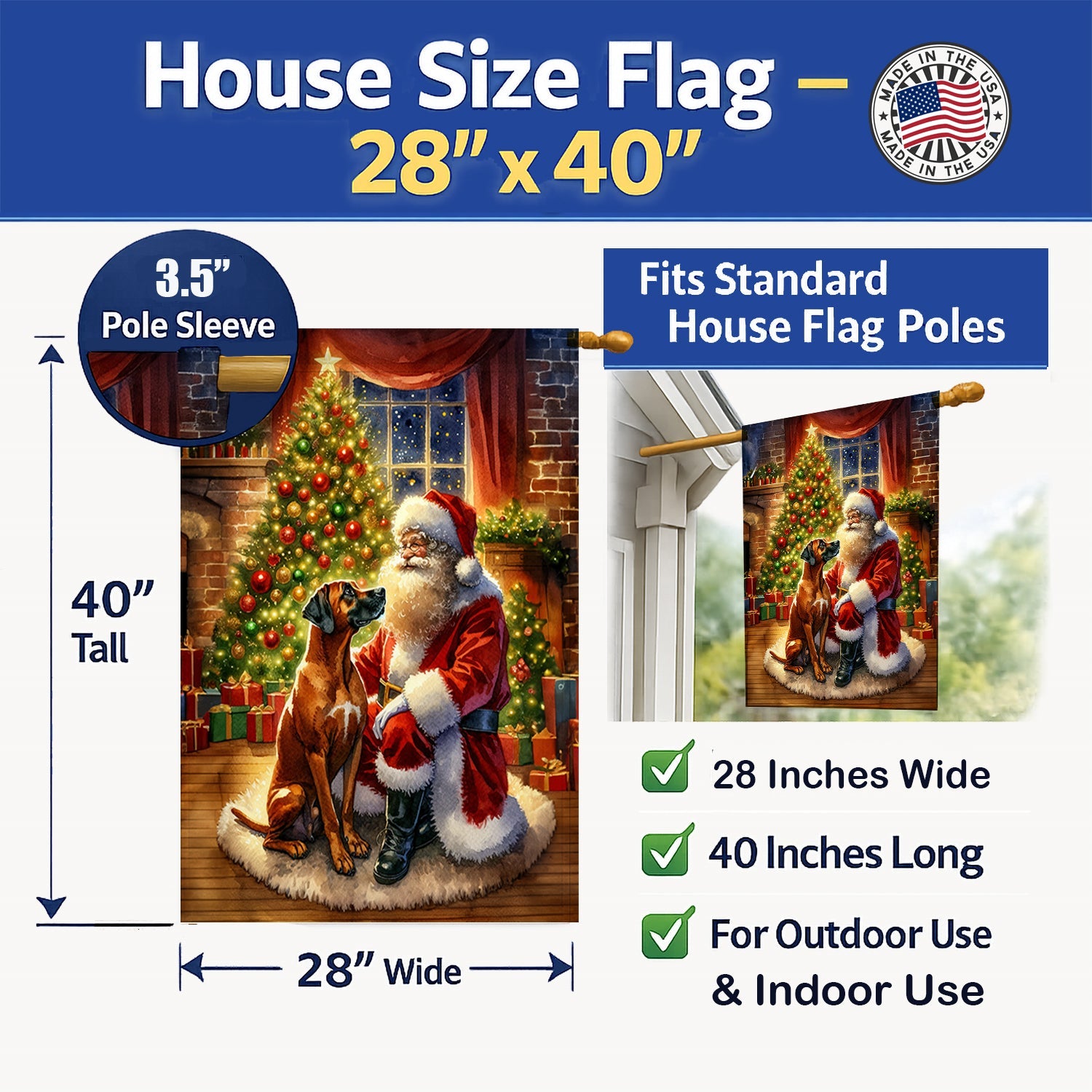 Rhodesian Ridgeback and Santa Claus House Flag 28x40 Porch Sleeve Pole Decorative Outside Yard Banner Artwork Wall Hanging, Polyester