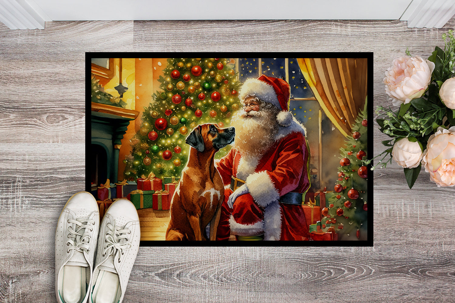 Rhodesian Ridgeback and Santa Claus Doormat Indoor Outdoor 18H X 27W Front Door Mat Rugs for Entryway, Non Slip Washable