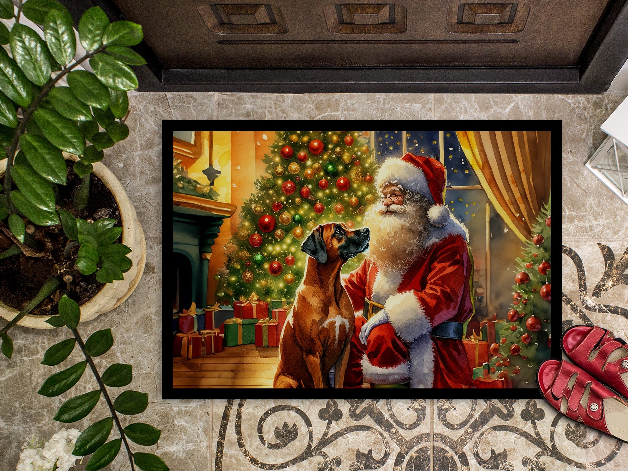 Rhodesian Ridgeback and Santa Claus Doormat Indoor Outdoor 18H X 27W Front Door Mat Rugs for Entryway, Non Slip Washable