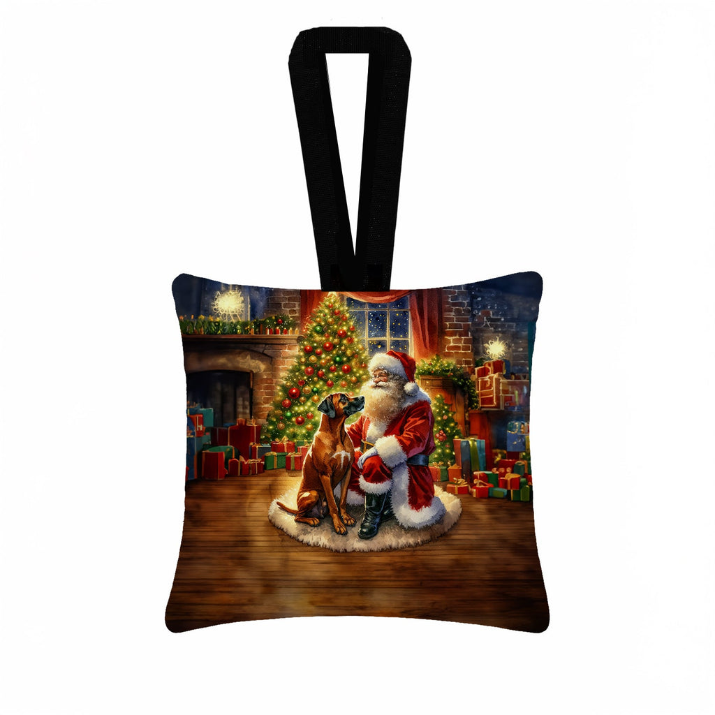 Rhodesian Ridgeback and Santa Claus Hanging Square Fabric Ornament 3.5 × 3.5 Decorative Door-Knob & Tree Hanger, Soft Fabric