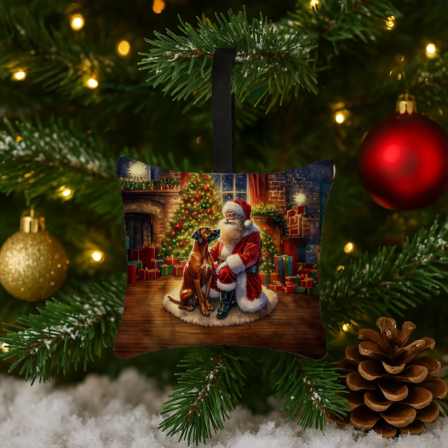 Rhodesian Ridgeback and Santa Claus Hanging Square Fabric Ornament 3.5 × 3.5 Decorative Door-Knob & Tree Hanger, Soft Fabric