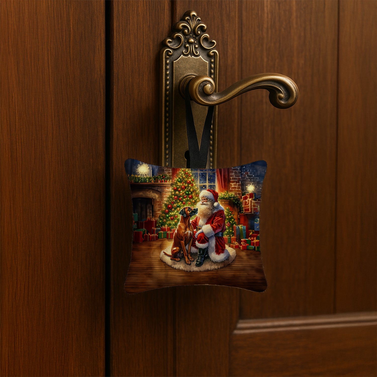Rhodesian Ridgeback and Santa Claus Hanging Square Fabric Ornament 3.5 × 3.5 Decorative Door-Knob & Tree Hanger, Soft Fabric