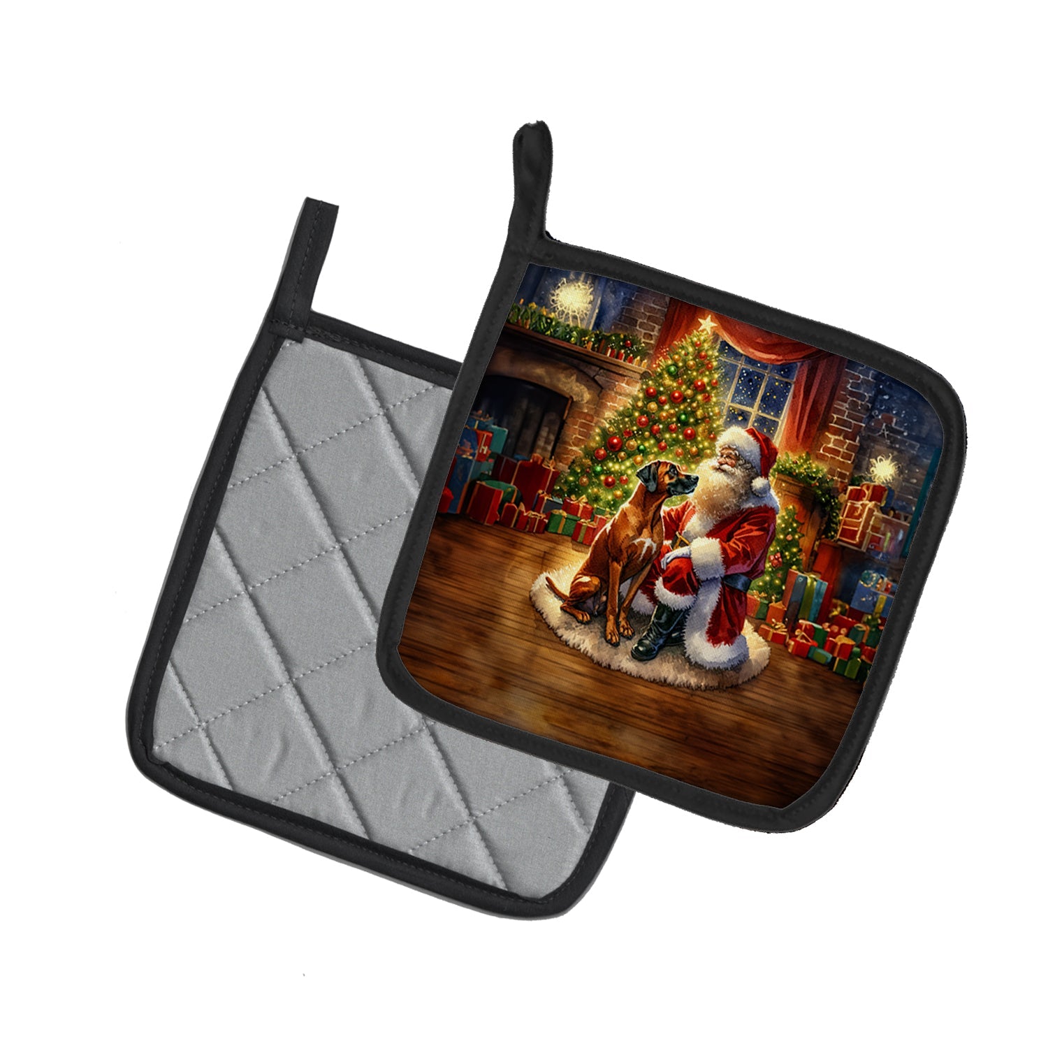 Rhodesian Ridgeback and Santa Claus Pot Holder Set of 2 Heat Resistant Quilted Hot Pads 7.5 x 7.5 Inch, Insulated Kitchen Trivets for Cooking & Baking