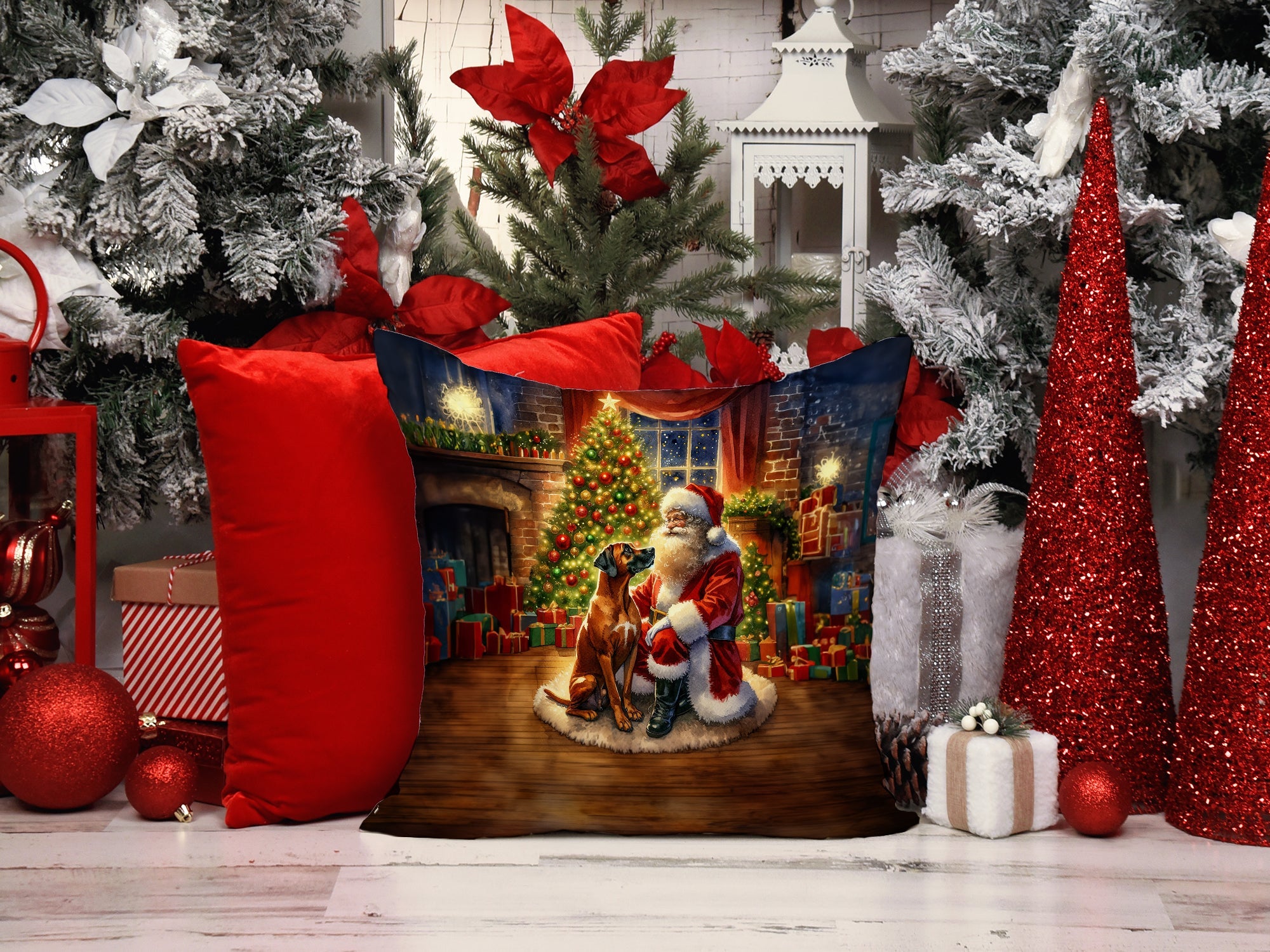 Rhodesian Ridgeback and Santa Claus Decorative Throw Pillow 14x14 Indoor Outdoor Accent Cushion, Fabric Cover with Insert for Sofa, Bed, Porch & Living Room