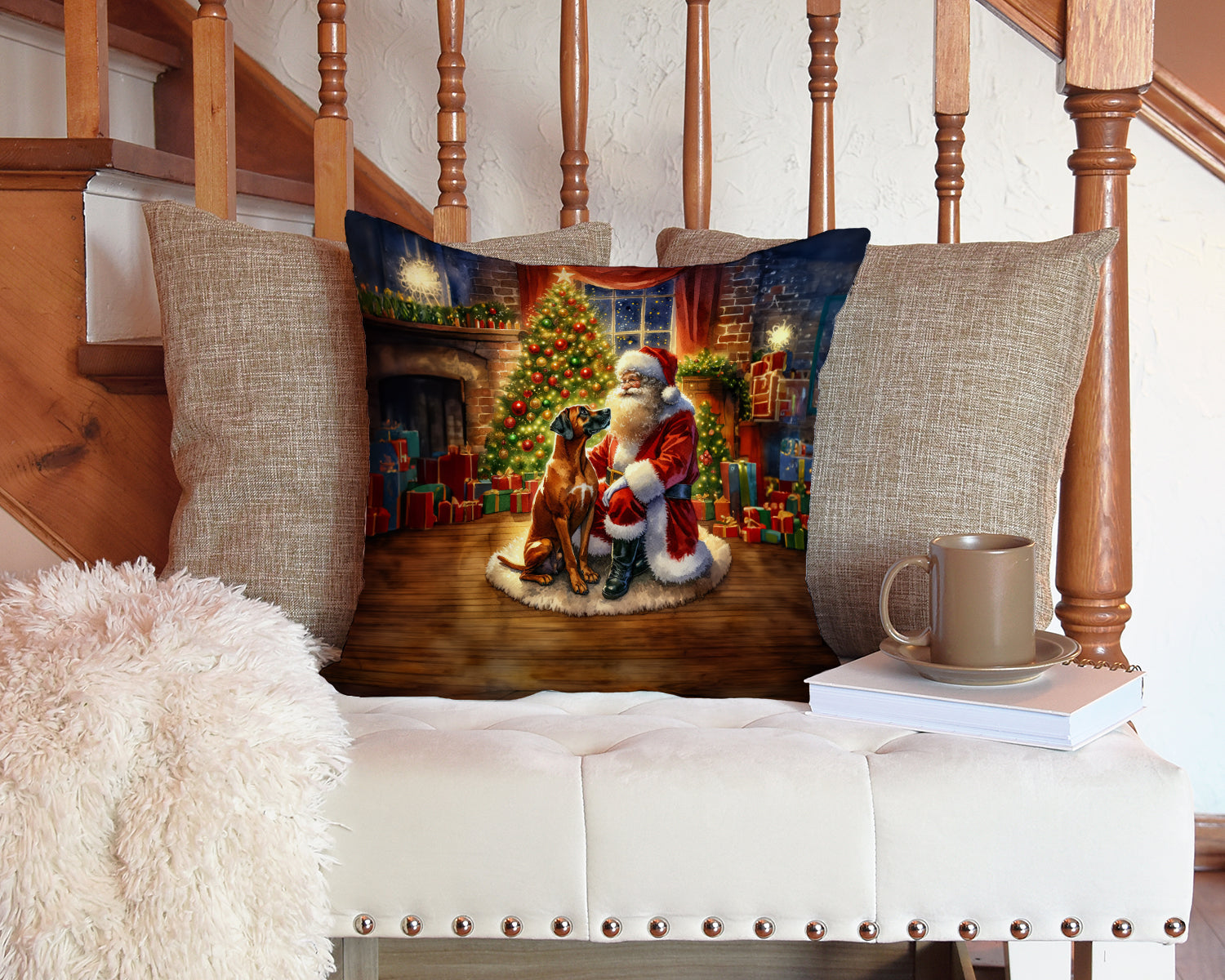 Rhodesian Ridgeback and Santa Claus Decorative Throw Pillow 14x14 Indoor Outdoor Accent Cushion, Fabric Cover with Insert for Sofa, Bed, Porch & Living Room