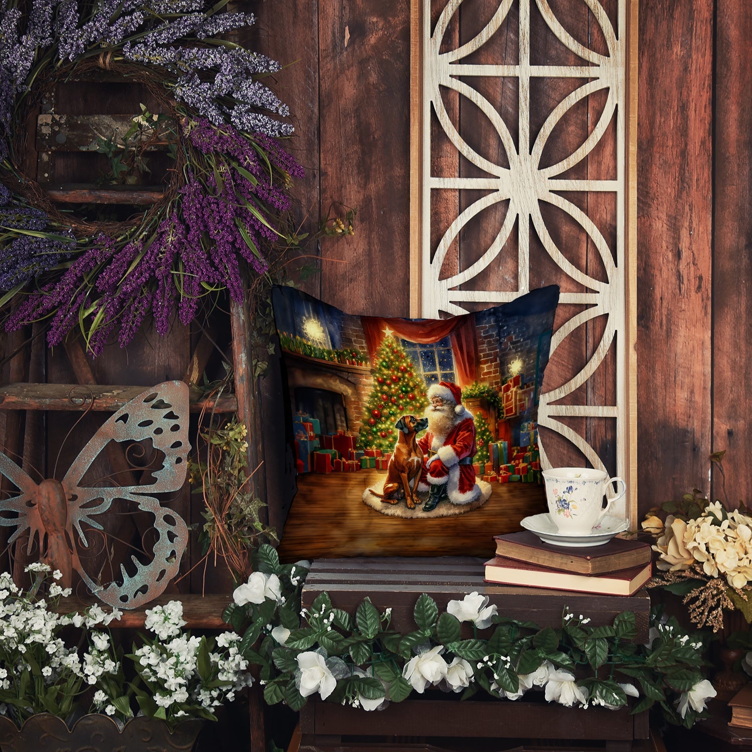 Rhodesian Ridgeback and Santa Claus Decorative Throw Pillow 14x14 Indoor Outdoor Accent Cushion, Fabric Cover with Insert for Sofa, Bed, Porch & Living Room