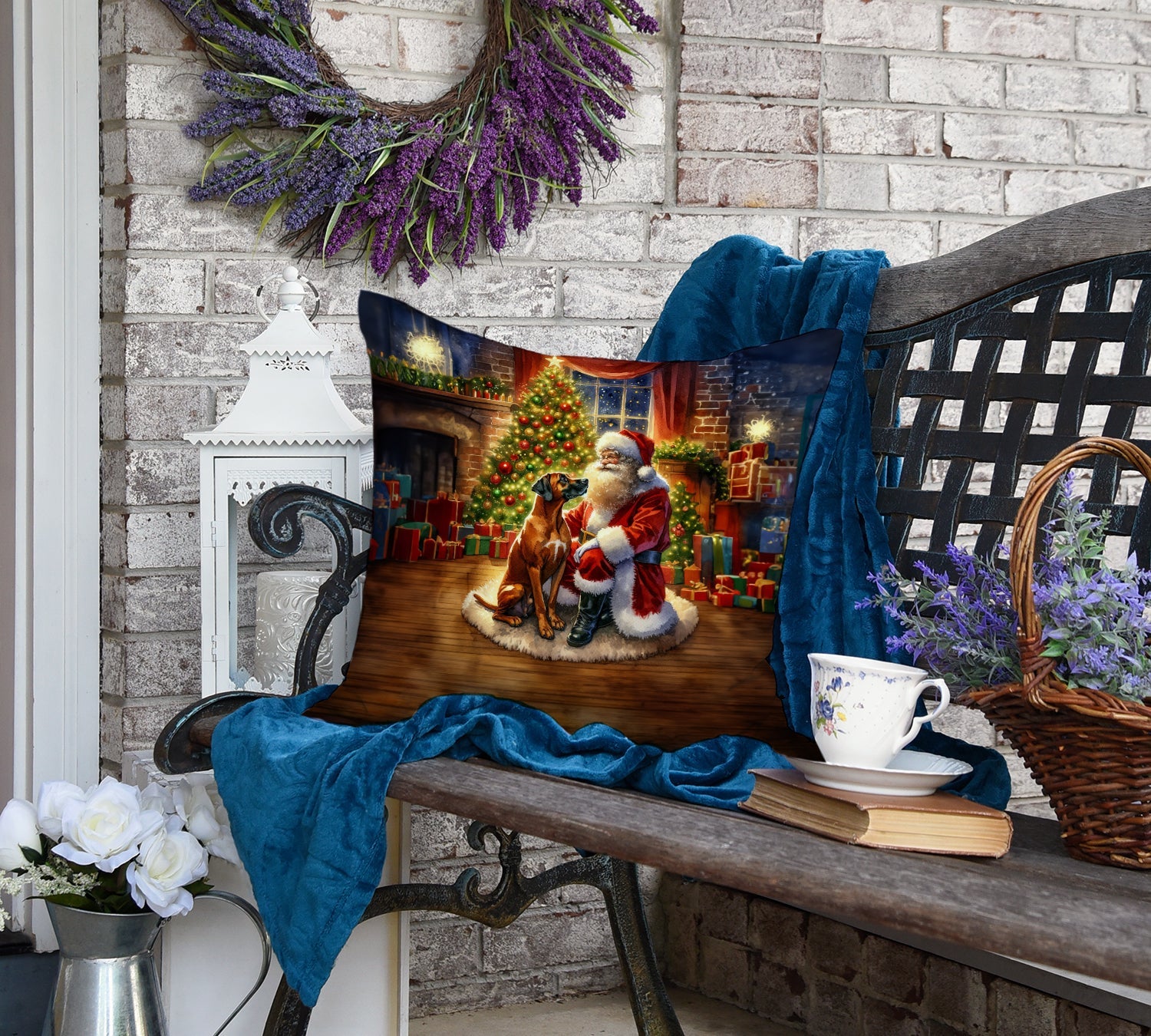 Rhodesian Ridgeback and Santa Claus Decorative Throw Pillow 18x18 Indoor Outdoor Accent Cushion, Fabric Cover with Insert for Sofa, Bed, Porch & Living Room