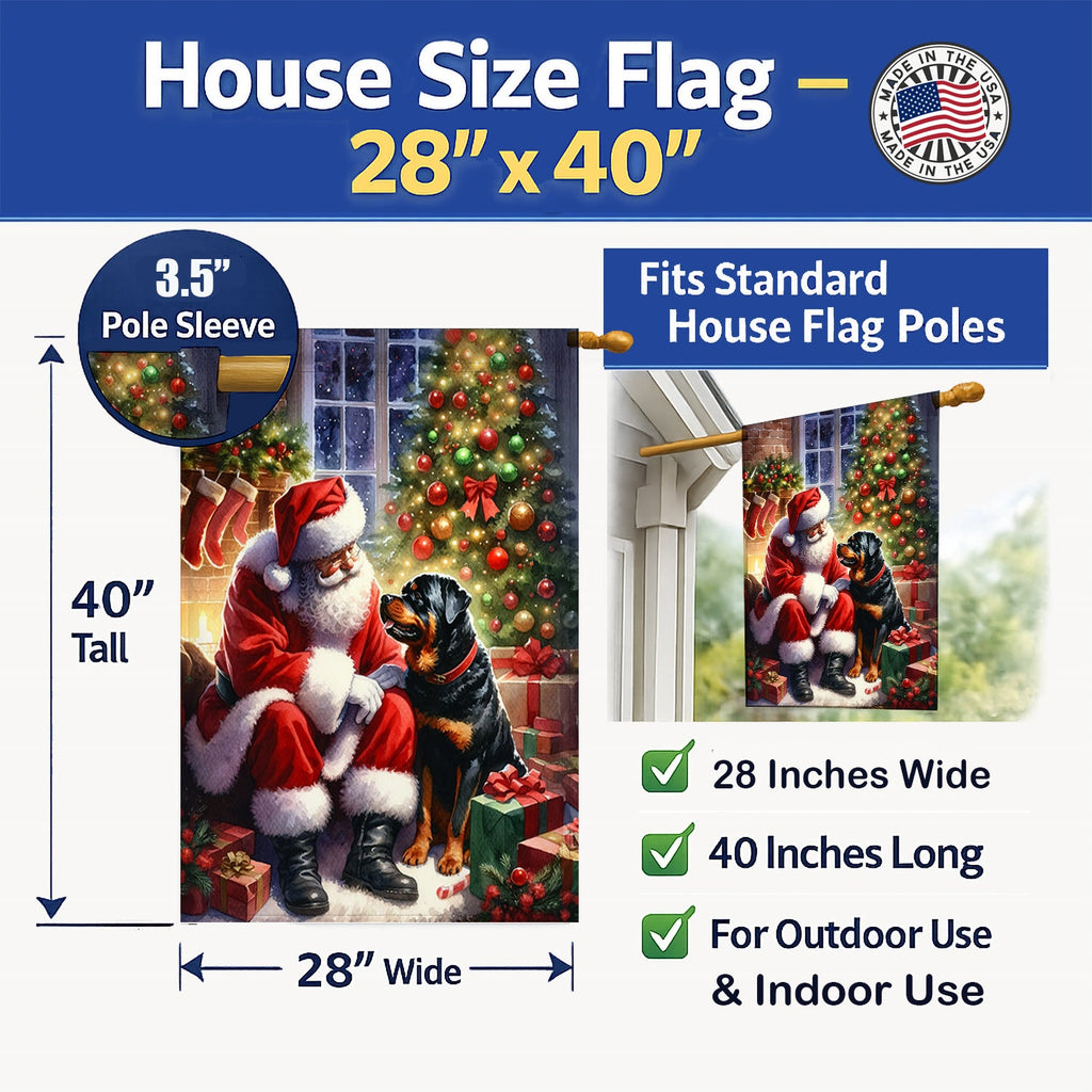 Rottweiler and Santa Claus House Flag 28x40 Porch Sleeve Pole Decorative Outside Yard Banner Artwork Wall Hanging, Polyester