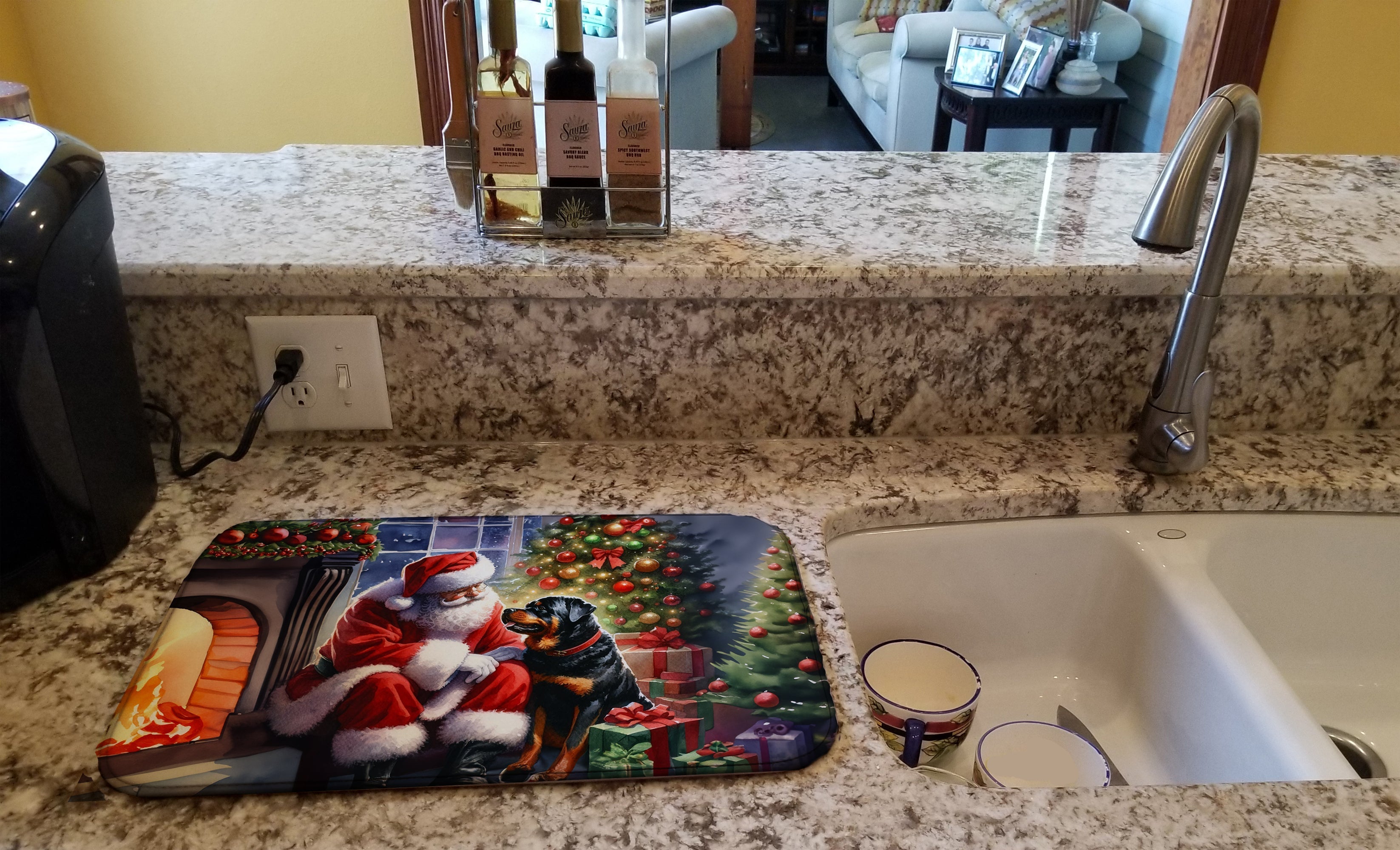 Rottweiler and Santa Claus Dish Drying Mat Absorbent Dish Drying Mat Pad for Kitchen Counter Dish Drainer Mat for Countertop, 14 x 21", Multicolor