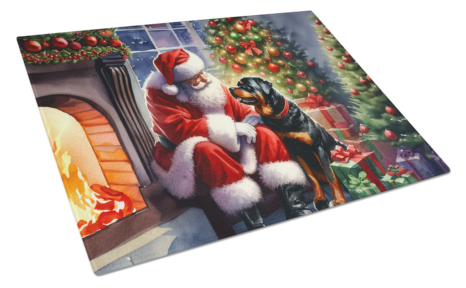 Rottweiler and Santa Claus Cutting Board Tempered Glass Kitchen Cutting Surface, Heat Resistant Chopping, Non-Slip Feet, Food Prep & Serving