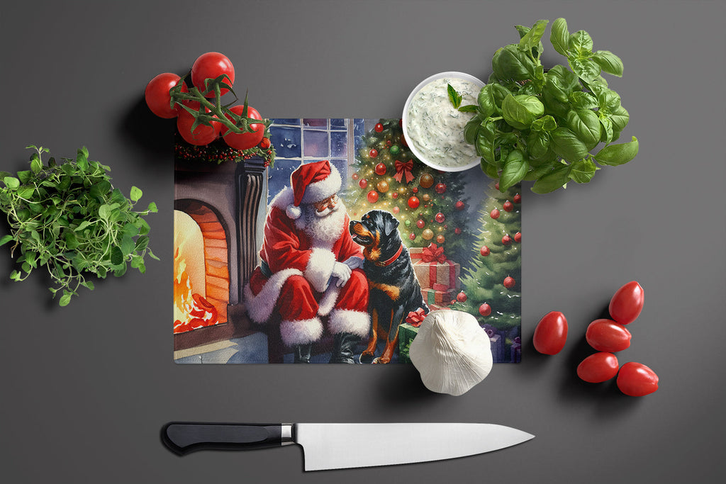 Rottweiler and Santa Claus Cutting Board Tempered Glass Kitchen Cutting Surface, Heat Resistant Chopping, Non-Slip Feet, Food Prep & Serving
