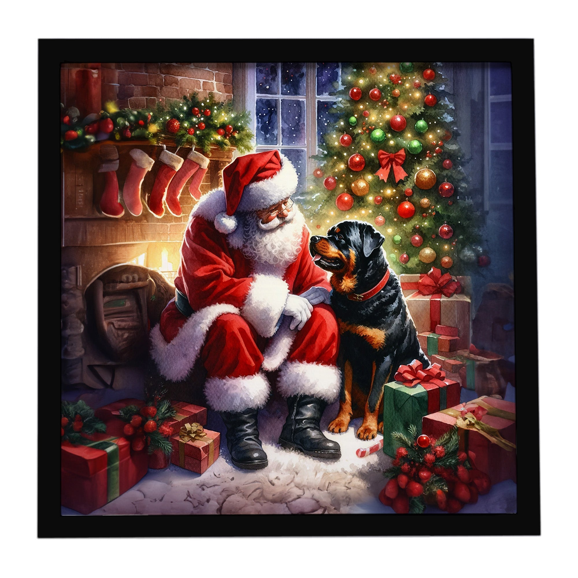 Rottweiler and Santa Claus Framed Metal Print Bathroom, Kitchen, Office, Home Decor Wall Art Ready to Hang, Square, 8X8