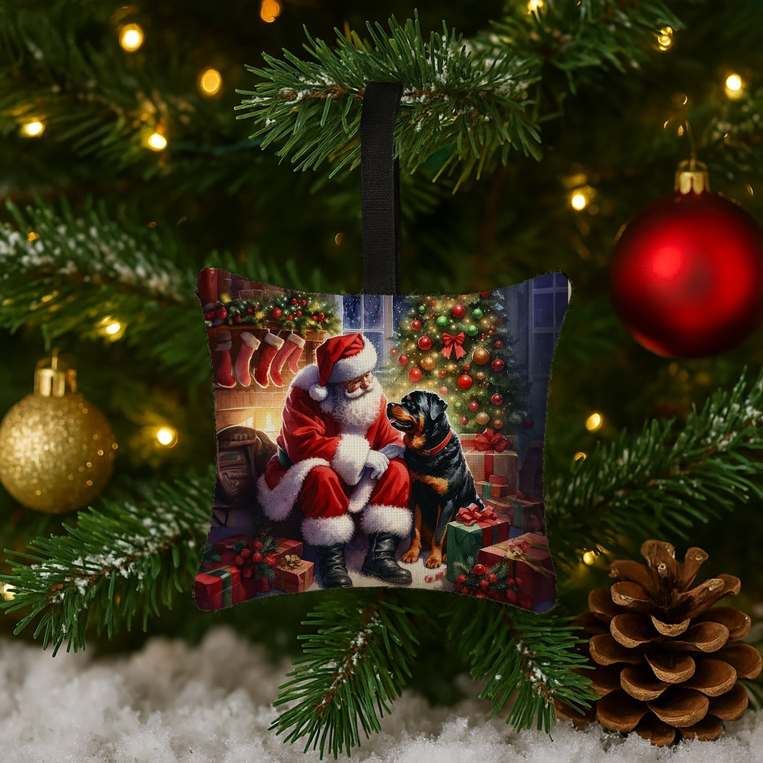 Rottweiler and Santa Claus Hanging Square Fabric Ornament 3.5 × 3.5 Decorative Door-Knob & Tree Hanger, Soft Fabric