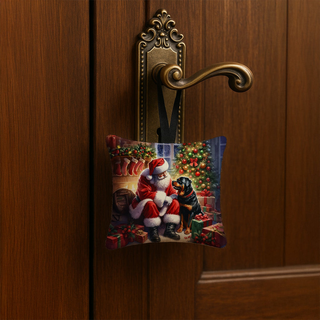 Rottweiler and Santa Claus Hanging Square Fabric Ornament 3.5 × 3.5 Decorative Door-Knob & Tree Hanger, Soft Fabric