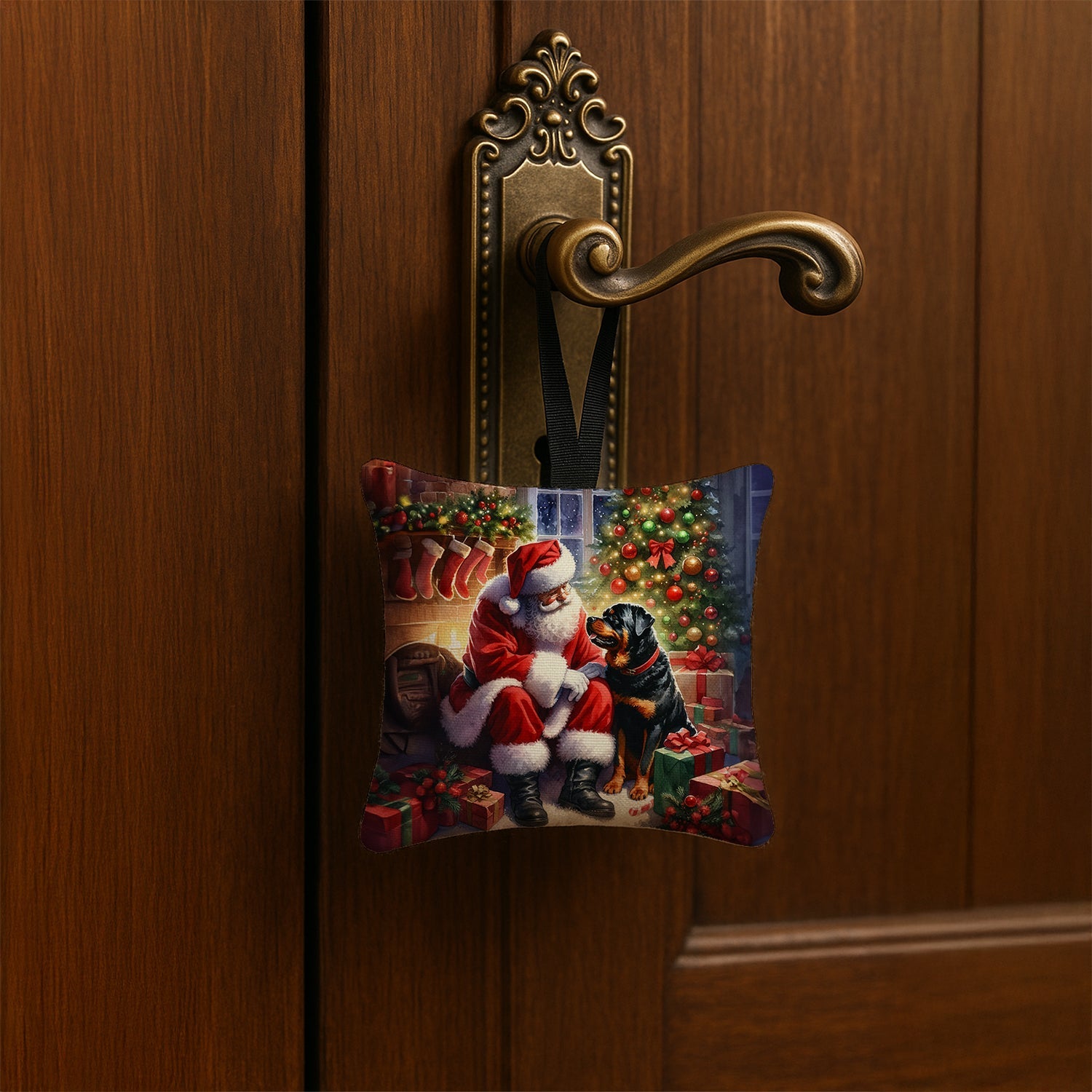 Rottweiler and Santa Claus Hanging Square Fabric Ornament 3.5 × 3.5 Decorative Door-Knob & Tree Hanger, Soft Fabric