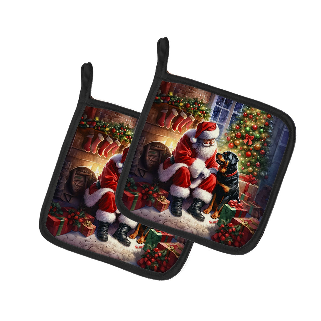 Rottweiler and Santa Claus Pot Holder Set of 2 Heat Resistant Quilted Hot Pads 7.5 x 7.5 Inch, Insulated Kitchen Trivets for Cooking & Baking